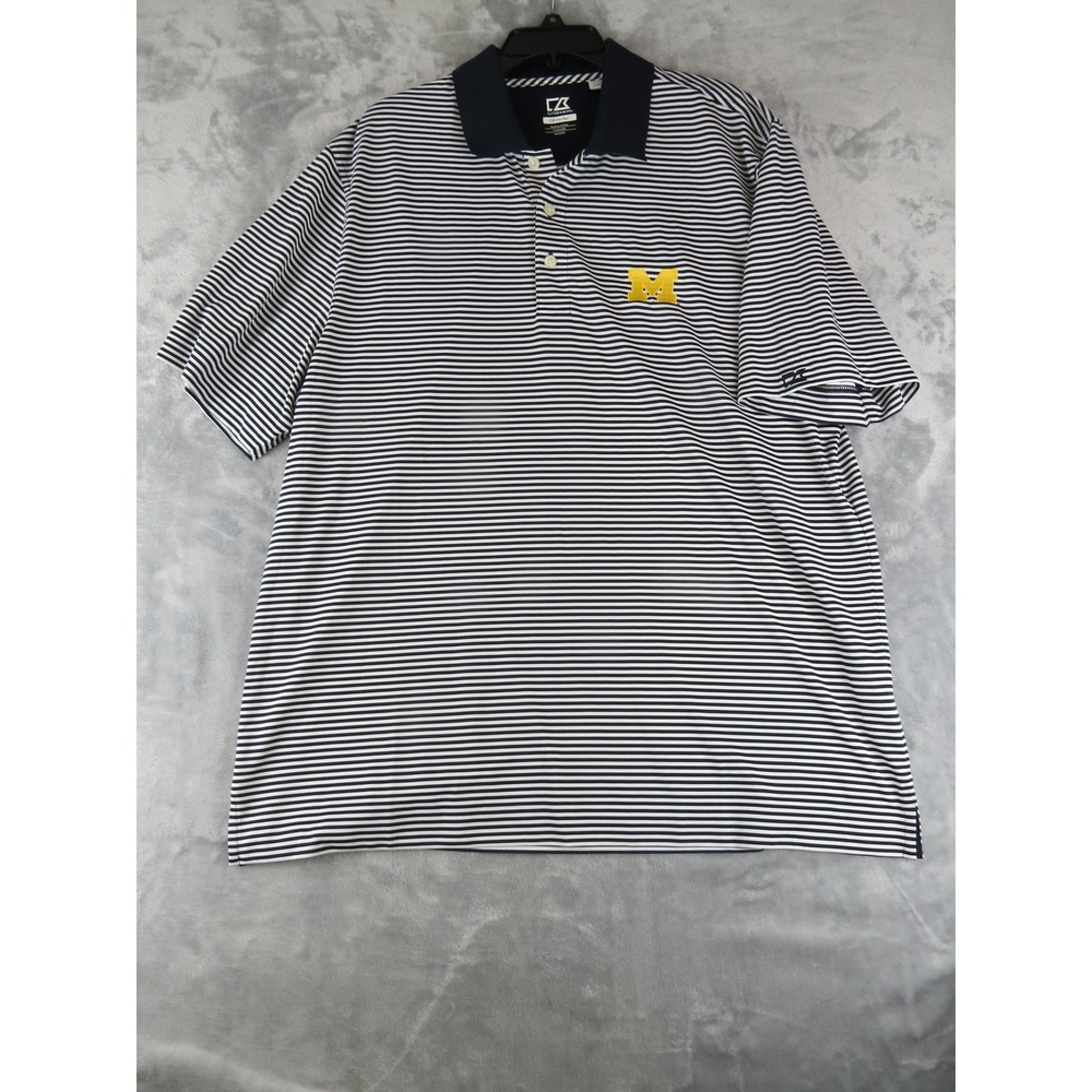 Cutter & Buck Michigan‎ Wolverines Polo XL CB DryTec Navy White Stripe
